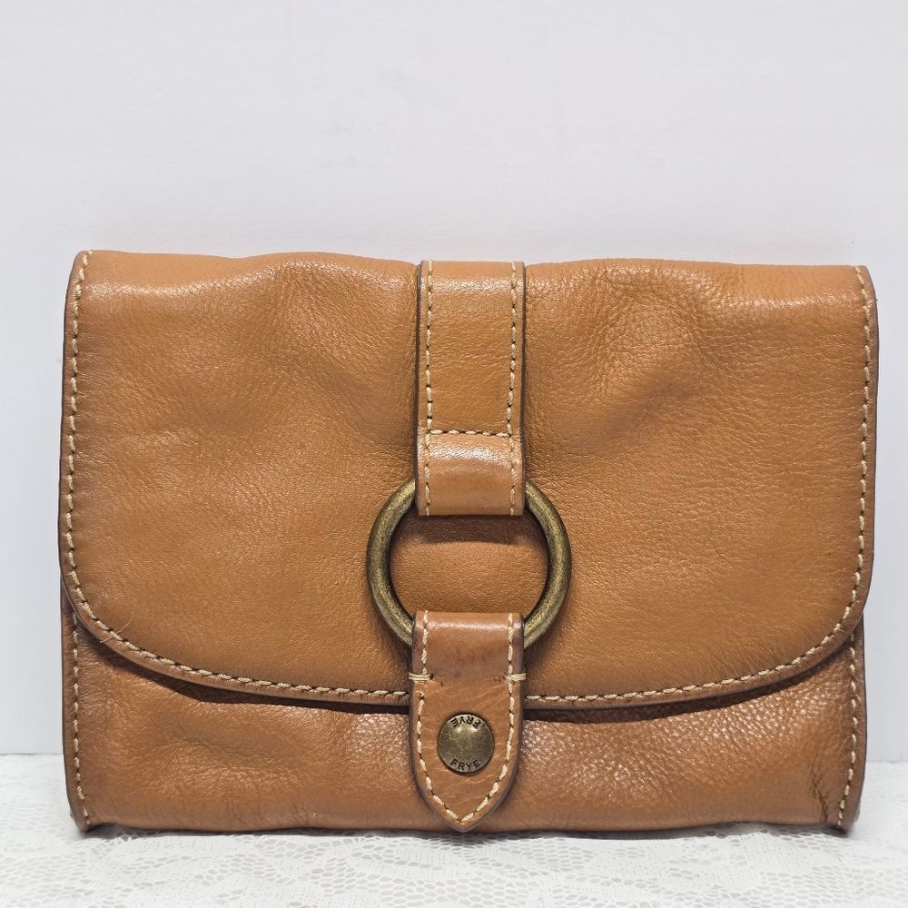 Frye Tan Brown Genuine Leather Ring Flap Front Clutch Bag Boho Chic